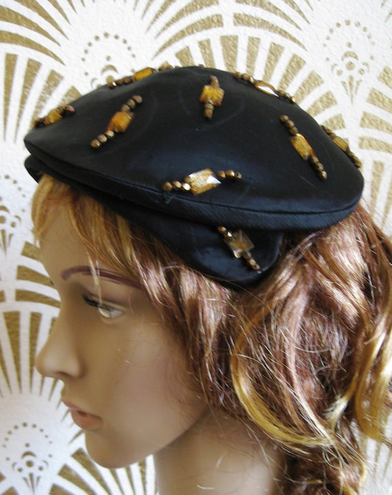 Cocktail Hat, Black Satin: Amber Jeweled Accents, Eugenie  display picture 3