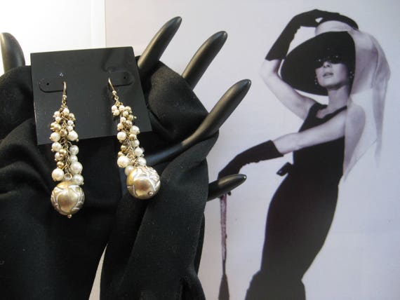 Dangle Earrings, Faux Pearls, Gold Tone Metal Bea… - image 4