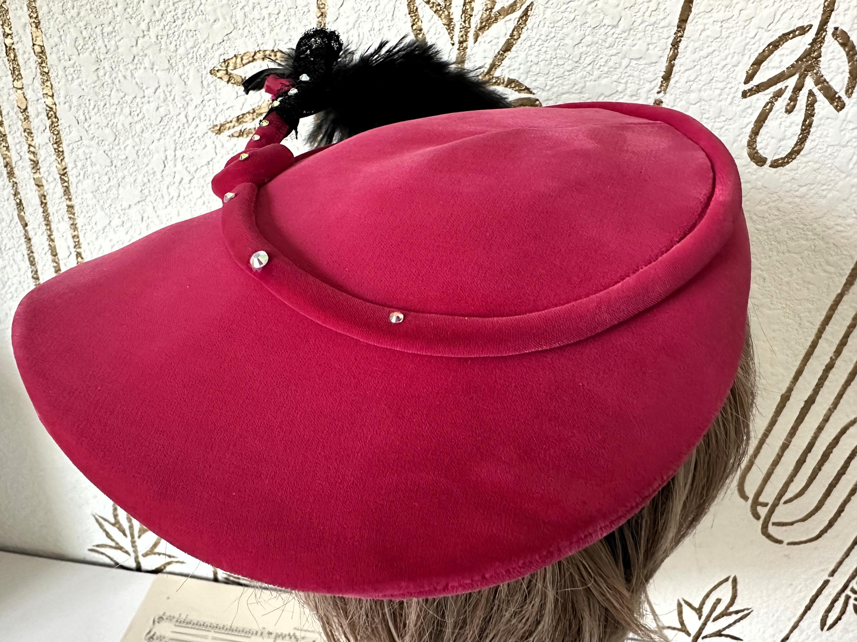 Vintage Hat, Fuchsia Pink Velvet, Feather and Rhinestone  display picture 2