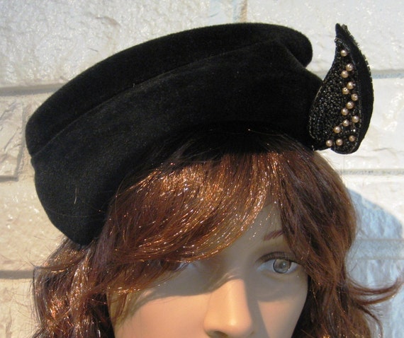 Asymmetrical Hat, Black Wool Velour, Hat with Bea… - image 7