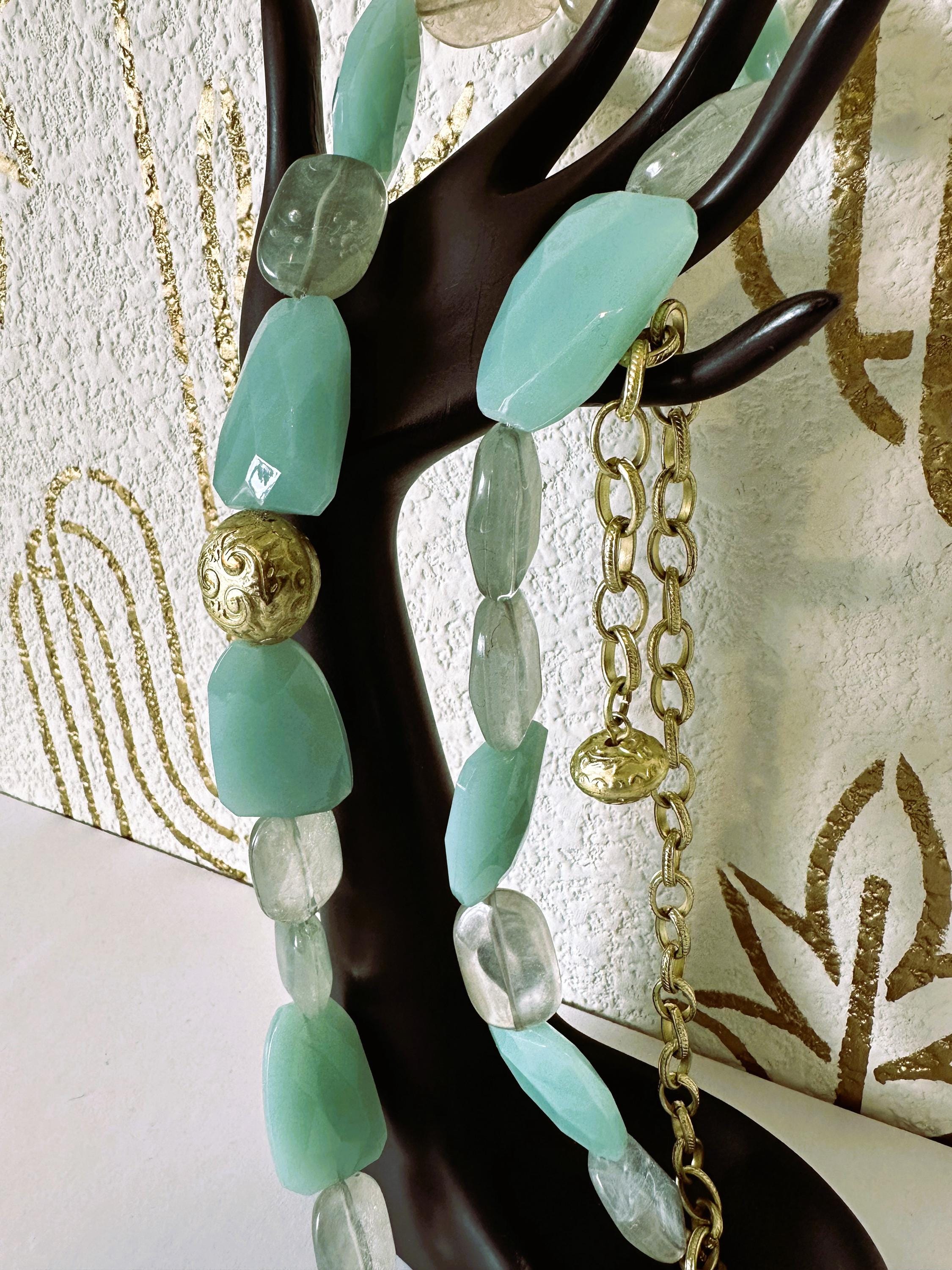 Belt, Turquoise Art Glass Beaded, Gold Chain, Signed Chico