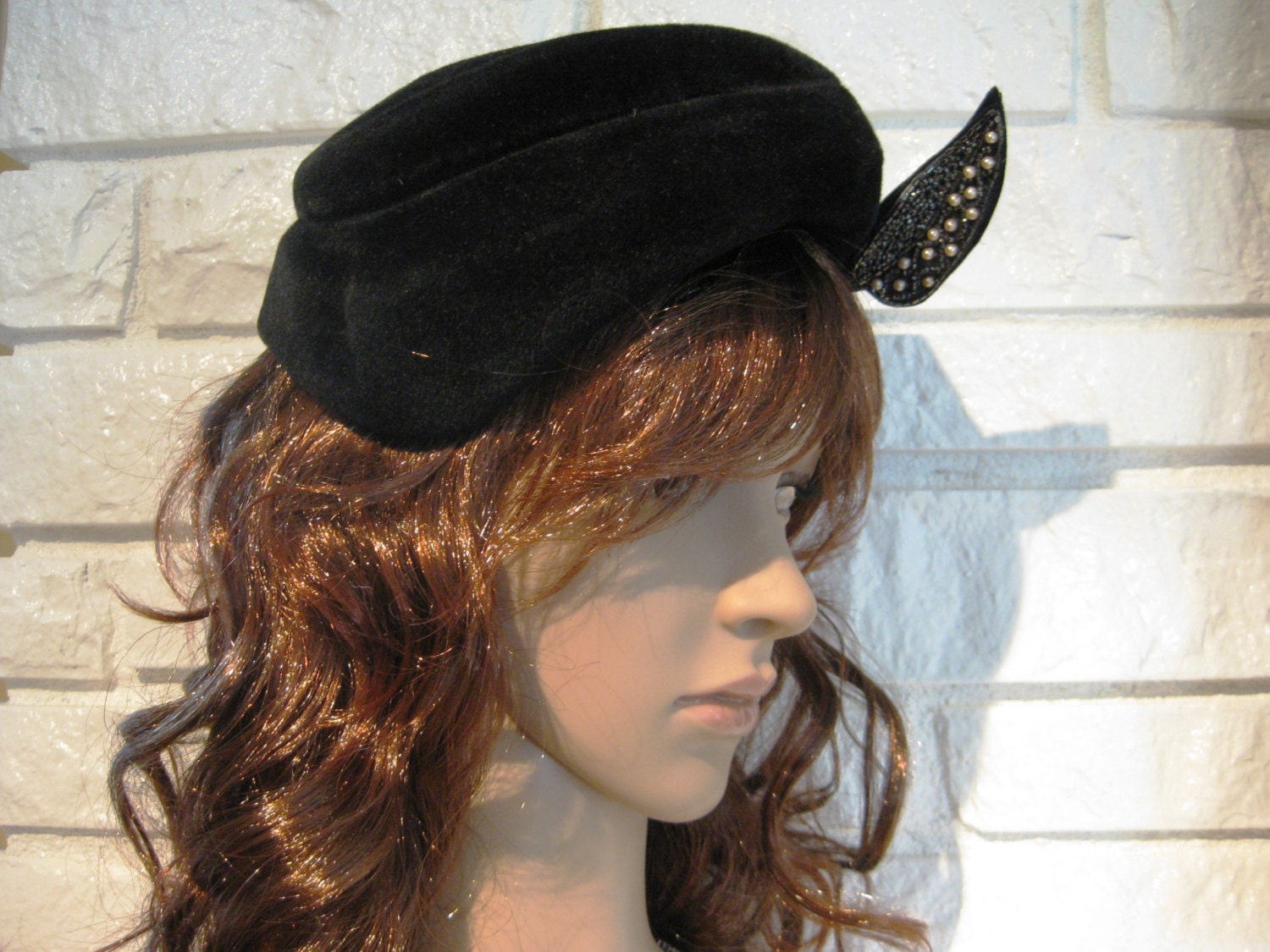 Asymmetrical Hat, Black Wool Velour, Hat With Beaded and Pearl Leaf ...