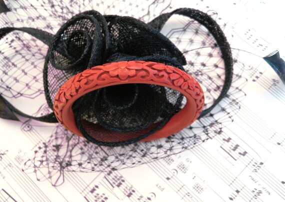 Vintage Ruby Red Carved Bangle Bracelet, Floral P… - image 4