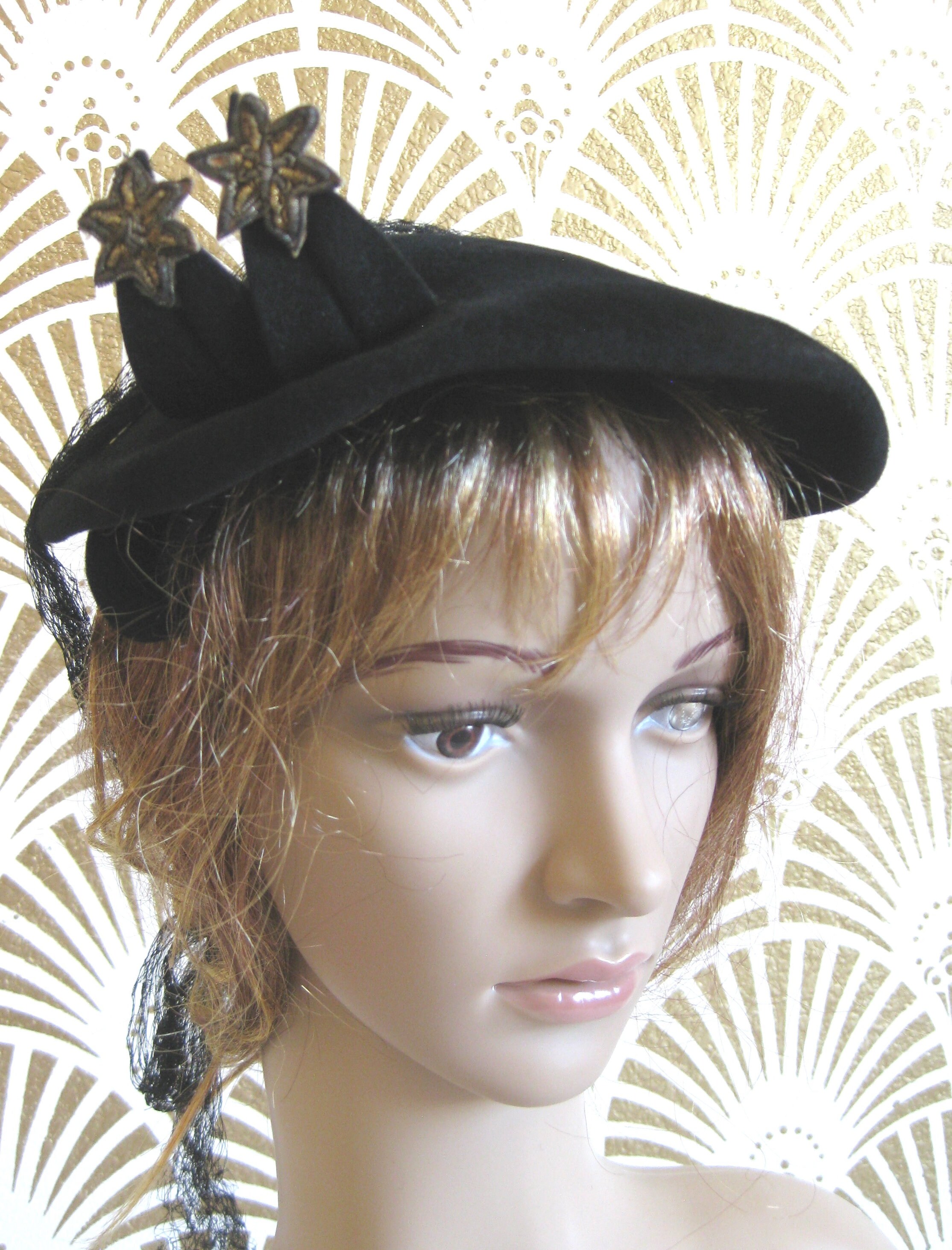 Velvet Hat, Designer Jane Morgan, Embroidered Trim, Black 