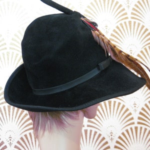 MR. K ORIGINALS, Designer Vintage Hat, Signed, Black Wool with Pheasant feather decoration, Grosgrain ribbon detail, Crown Accent, 1970s