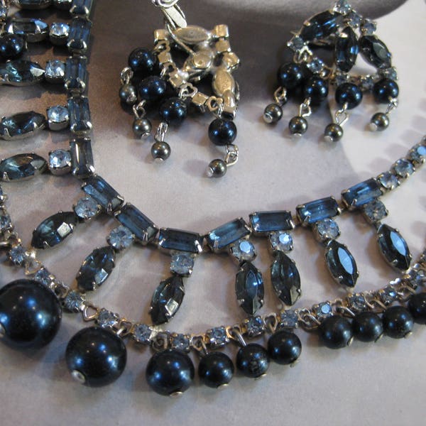 Vintage Rhinestones and Beaded Necklace and Clip-on Earrings Set, Shades of Blues, Prong Set Rhinestones, Silver Metal, Adjustable, 1950s