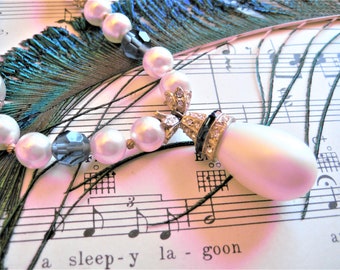 Faux Pearl Necklace, Art Glass Beads, Rhinestone Pendant, 22.5 Inch, Vintage