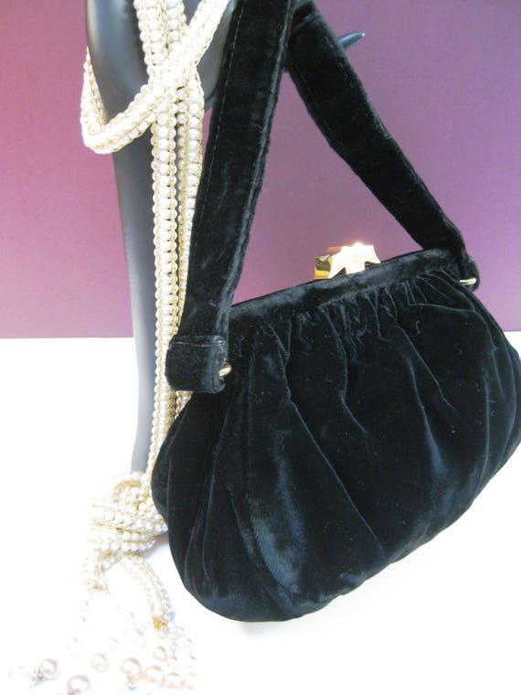 Vintage Black Velvet Evening Handbag, Small Coin … - image 5