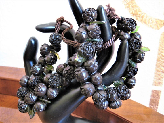 Roses Necklace/ Bracelet Set, Ebony Brown Carved … - image 1