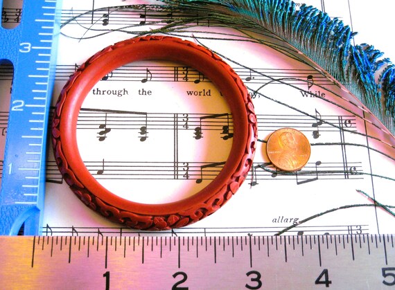 Vintage Ruby Red Carved Bangle Bracelet, Floral P… - image 2
