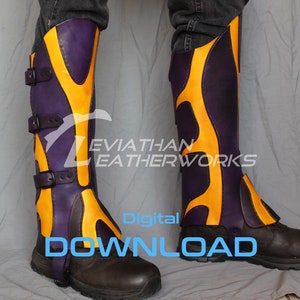 May include: A pair of purple and yellow leather leg guards with buckles. The leg guards are worn over black boots. The text "Digital Download" is visible in the image.