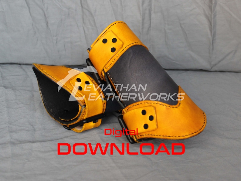 May include: A pair of leather arm guards, one yellow and one black, with black stitching and rivets. The guards are designed to protect the wearer's forearms. The text "Leviathan Leatherworks" is visible on the black guard.