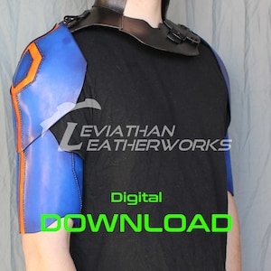 May include: A blue and orange leather shoulder armor piece with a black strap. The armor is worn over a black t-shirt. The text "Leviathan Leatherworks" is visible on the t-shirt. The text "Digital Download" is visible in green.