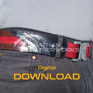 May include: A red and black leather belt with a silver buckle. The belt is worn on a pair of gray jeans. The text "Digital DOWNLOAD" is visible on the jeans.