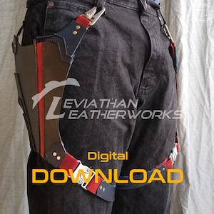 May include: A brown leather thigh holster with red and blue straps. The holster is worn over black jeans and has the text "Leviathan Leatherworks" and "Digital Download" on it.