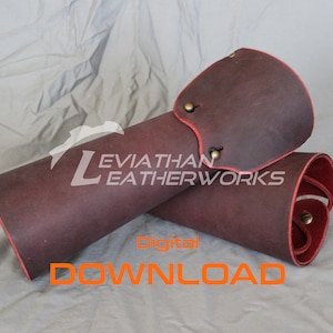 May include: A pair of brown leather arm guards with red stitching and brass rivets. The guards are rolled up and the text "Leviathan Leatherworks" is visible. The text "Digital Download" is also visible in orange.