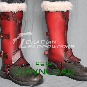 May include: Red leather leg guards with buckles and straps, worn over brown boots with white fur trim. The leg guards have a distressed look and are made of thick leather. The boots are sturdy and have a rugged appearance. The text "Leviathan Leatherworks" is visible on the right leg guard.