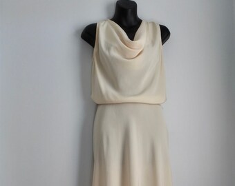 Vintage Cream Silk Cowl Neck Bias Cut Dress Diane Gilman Size L Waist 32