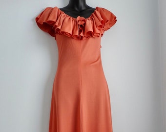 Vintage 1970s Burnt Orange Long Dress On or Off Shoulder Ruffle Algo-Ettes Junior Petites Size S Waist 26 Inches