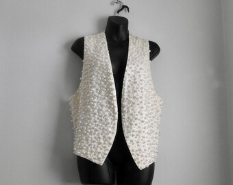 Vintage Lipton's Ivory Silk Vest Pearl Bead Encrusted Size M