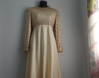 Vintage 1960s Stunning Gold Beaded Cream Long Sleeve Gown Esther Cherry Toronto Waist 27