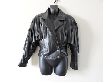 Vintage1980s Black Genuine Leather Jacket With Fringe Metal Snap Closure TO Leather Fashions Size M/L