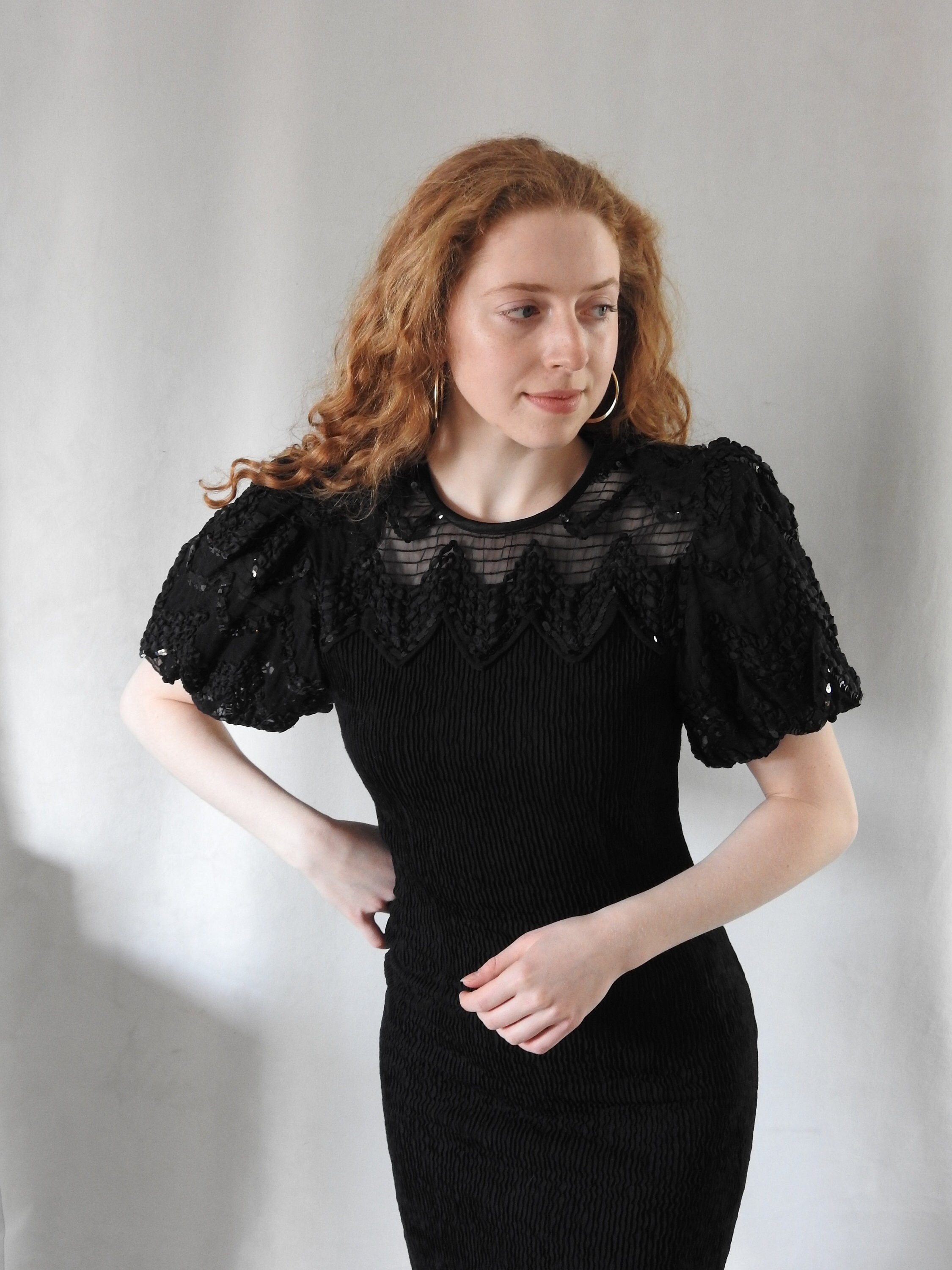 Vintage 1990s Black Accordion Pleat Cocktail Dress Sequin Bodice