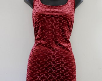 Vintage 1990s Embossed Ruby Red Stretch Velvet Tank Dress Size L/XL