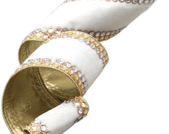 Cinta de diseño LUXE - Cinta de 10 cm x 4,5 m, cinta de terciopelo blanco, cinta con joyas, cinta blanca y dorada, cinta navideña blanca, cinta de terciopelo