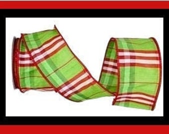 Full Roll Wire Edge Red White LUXE Designer Ribbon:4 X 10yds Faux Dupioni Black Windowpane Plaid Design wPlatinum Trim Overlay Green