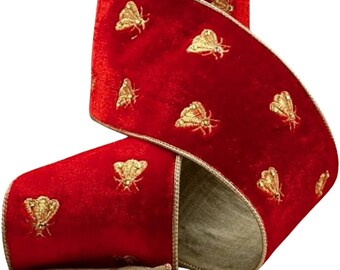 LUXE Designer Ribbon - 4&quot; X 5yds Ribbon, Bee Ribbon, Red Velvet Bee Ribbon, Red Velvet Ribbon w/Bees, Wreath Decor, Red Velvet Ribbon, Luxe