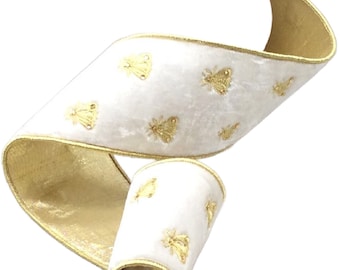 LUXE Designer Ribbon - 4&quot; X 5yds Ribbon, Bee Ribbon, White Velvet Bee Ribbon, White Velvet Ribbon w/Bees, Wreath Decor, White Velvet Ribbon