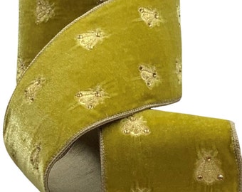 LUXE Designer Ribbon: 4" X 5yds, Embroidered Gold Thread Bees Accented w/Gold Gems On Pear Green Velvet, Gold Back, Gold Wire Edge