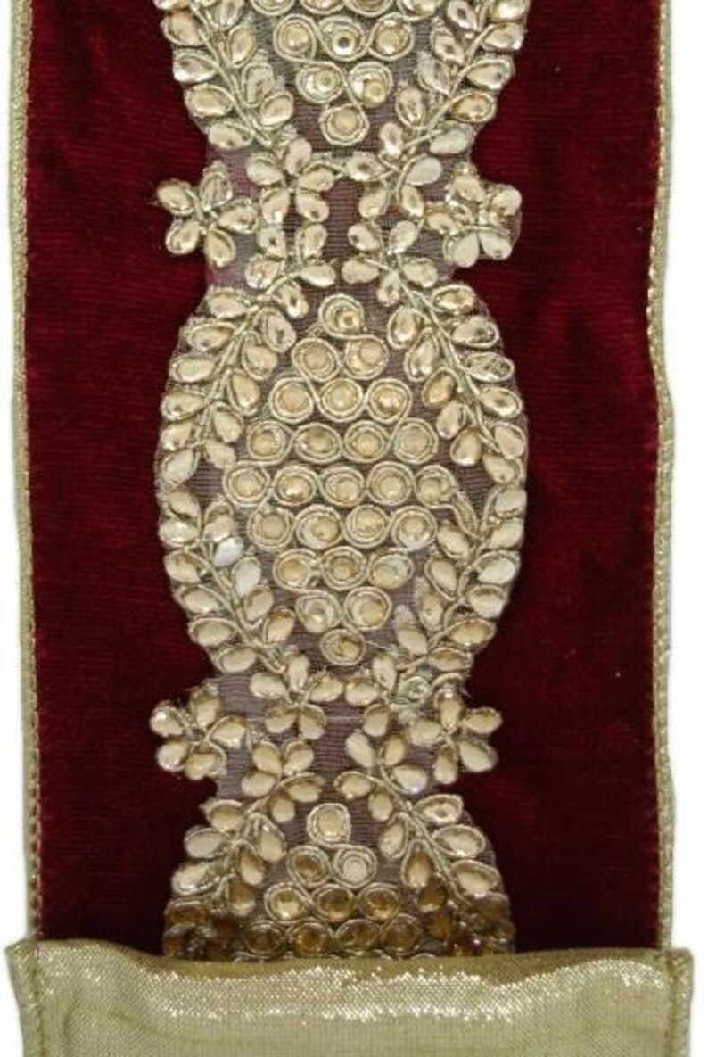 4 X 5yds Embroidered Gold Pineapple Center Trim Design wGold Crystal Gems /& Metallic Gold Thread On Deep Red Velvet LUXE Designer Ribbon
