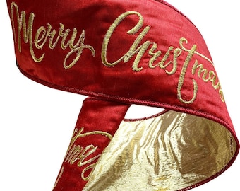 LUXE Designer Ribbon - 4" X 10yds Ribbon, Embroidered Gold "Merry Christmas" Calligraphy Script On Red Dupioni Ribbon, Metallic Gold Back