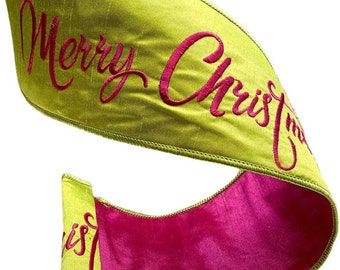 LUXE Designer Ribbon: 4" X 10yds, Embroidered Fuchsia "Merry Christmas" Calligraphy Script On Pear Green Dupioni Ribbon, Fuchsia Color Back