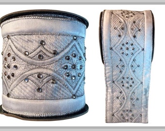 LUXE Designer Ribbon: 4" X 5yds, Embroidered Silver Textured Diamond & Flower Center Trim Design w/Clear Crystal Jewels On White Dupioni