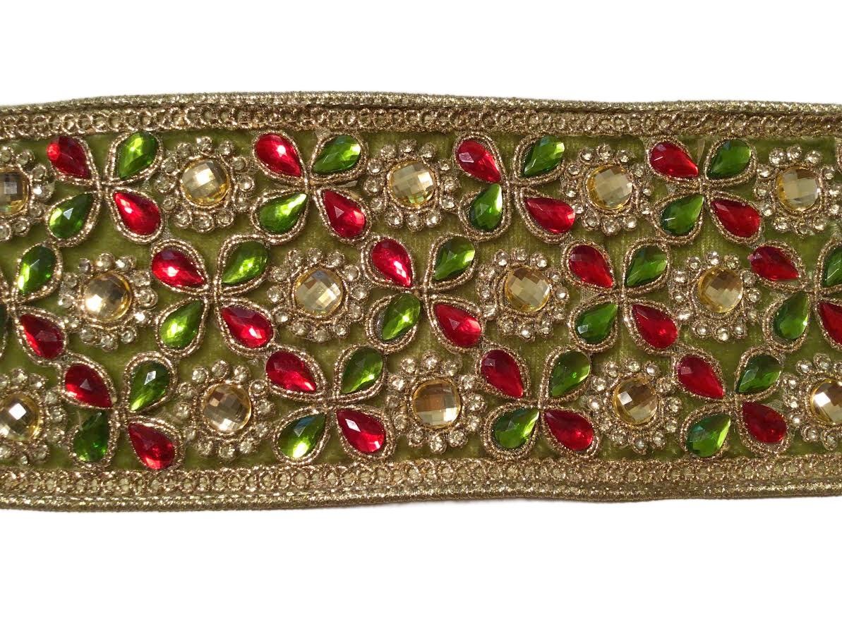 Jewled Ribbon LUXE Designer Ribbon - 5 Yards, 3 Inch, Green Velvet Ribbon, Red ...