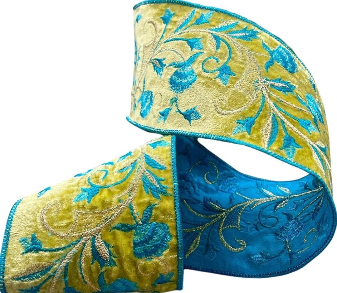 LUXE Designer Ribbon: 4 X 5yds, Embroidered Aqua Blue Flower, Leaf and ...