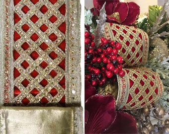 LUXE Designer Ribbon - 4&quot; X 5yds, Red Velvet Ribbon, Red & Gold Ribbon, Gold Jeweled Ribbon, Red Christmas Ribbon, Red Designer Ribbon, DIY