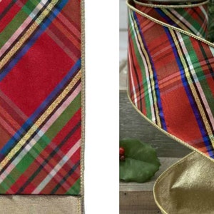 Full Roll Wire Edge Red White LUXE Designer Ribbon:4 X 10yds Faux Dupioni Black Windowpane Plaid Design wPlatinum Trim Overlay Green
