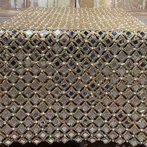 LUXE Designer Ribbon: Glitzy Diamond Shape Cut Mirrors w/Gold Gems & Faux White Pearls Table Runner, Table Runner, Christmas Table Runner