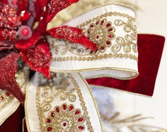 LUXE Designer Ribbon - 4&quot; X 5yds Ribbon, White Ribbon, Jeweled Ribbon, Wreath Decor, Wreath Ribbon, Red Jewel Ribbon, Tree Topper Ribbon