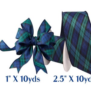 May include: A blue and green plaid ribbon featuring a decorative bow on the left and a spool on the right. The text 1" X 10yds is displayed below the bow, and the text 2.5" X 10yds is displayed below the spool, indicating the available sizes.