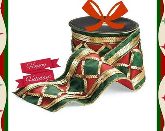 LUXE Designer Ribbon: 4&quot; X 5yds, Red & Green Diamond Center Design Outlined w/Gold Sequins And Red Jewels, Gold Sequin Double Row Side Trim