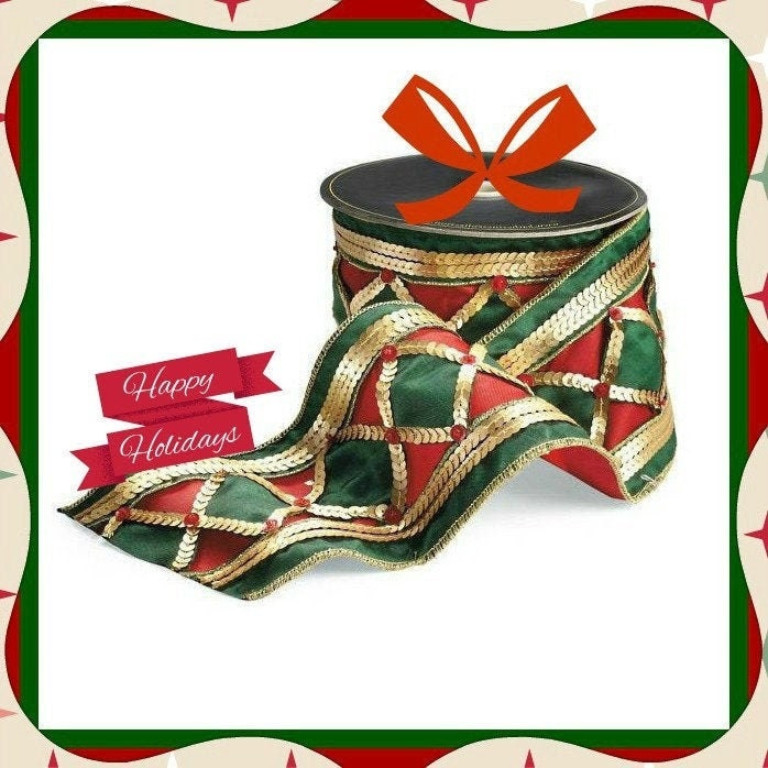 LUXE Designer Ribbon: 4" X 5yds, Red & Green Diamond Center Design Outlined w/Gold Sequins And Red Jewels, Gold Sequin Double Row Side Trim