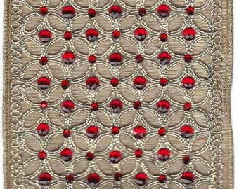 LUXE Designer Ribbon: 4" X 5yds Metallic Gold Dupioni, Embroidered Gold Textured Floral Design w/Red Stones, Gold Back, Wire Edge, Full Roll