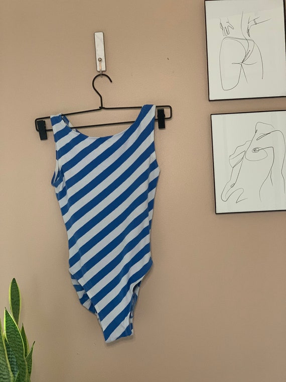Vintage 1980s Blue Diagonal Stripe Leotard