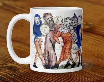 White glossy mug,  Masked medieval musicians design