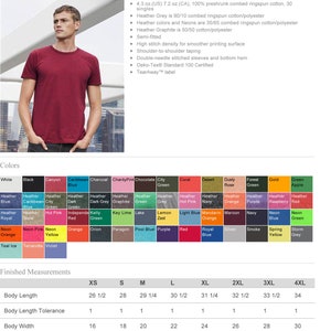 May include: An Anvil 980 lightweight t-shirt in a solid maroon color. The product specification sheet includes a list of available colors, fabric composition details, and a table of finished measurements in inches for sizes XS through 4XL.